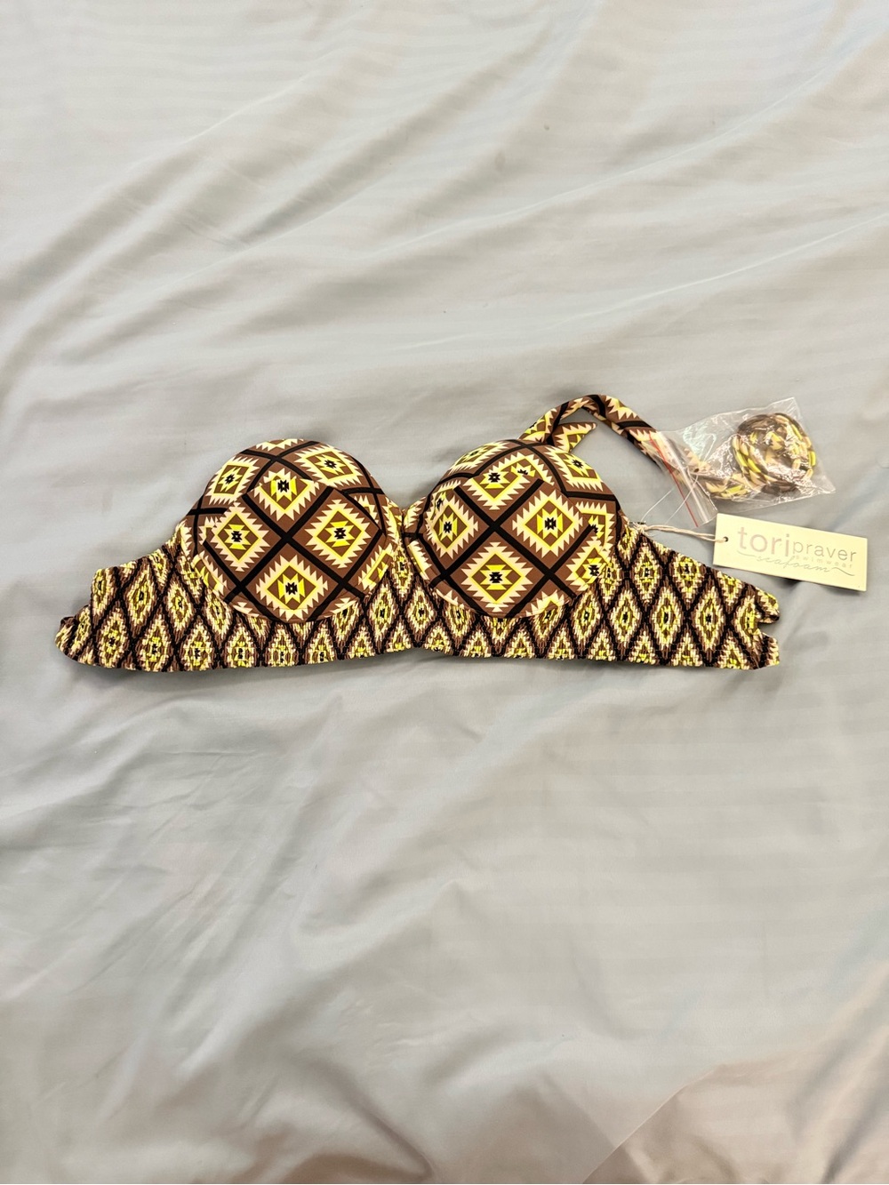 Tori Praver Swimwear Yellow, Brown & Cream Smocked Bikini Top